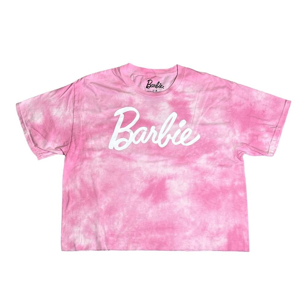 Barbie Movie T Shirt Womens Lg Tee Pink Tie Dye Cotton Crop Short Sleeve Top New